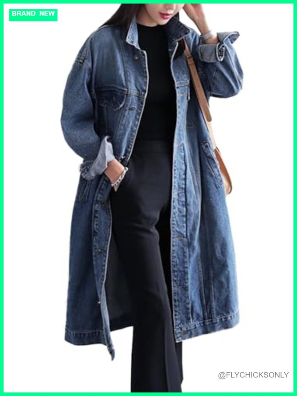 Womens Plus Size Long Denim Jacket Button Down Trench Coat